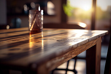 Wooden table in a cafe with blurred background.generative ai