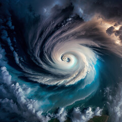 A tropical storm, tornado, hurricane, cyclone seen from a high aerial space satellite. Generative ai