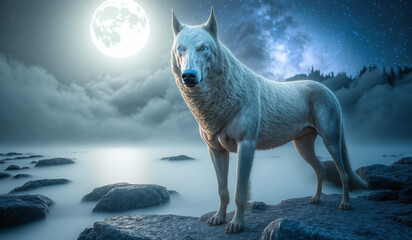 Obraz na płótnie Canvas Alpha wolf portrait under moonlight misty effects