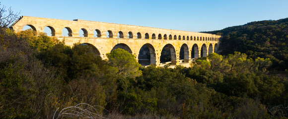 Fototapeta Panoramic view of Pont du Gard, highest of Roman aqueducts that survived to this day, France. obraz