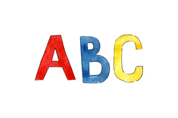 Watercolor illustration multicolored lettering ABC alphabet, font, letters on a white background. Doodle back to school. Use for poster, print, postcard, design, pattern, store, advertising, marketing