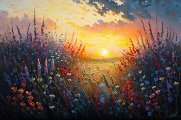 Farbenfrohe Wildblumenwiese bei Sonnenuntergang - Kunst Gemälde von Generative AI