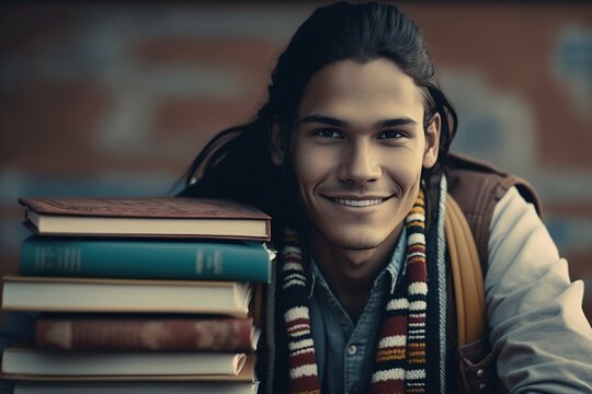 Indigenous College Student Portrait In University Outdoors. Generative AI Illustration