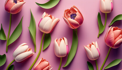 Spring tulip flowers on top view in flat lay style pink.Generative AI.