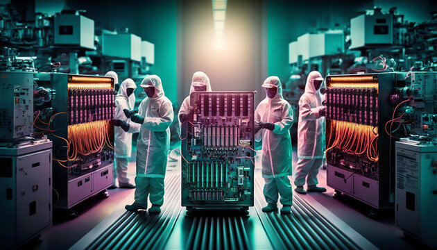Inside workings of a microchip or semiconductor factory. A.I Generated	
