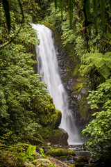Obraz premium A powerful waterfall cascades down a green foliage covered cliffside