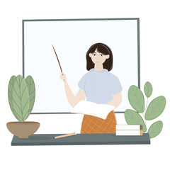 Woman teacher with a pointer at the blackboard with a book in her hands. Education at school, university, college.