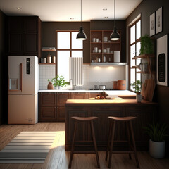 Fototapeta na wymiar 3d rendering modern dark wood kitchen Generative AI