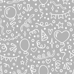 Fototapeta premium Happy Birthday seamless pattern with hand drawn doodles. Cute design for textile, wallpaper, wrapping paper.