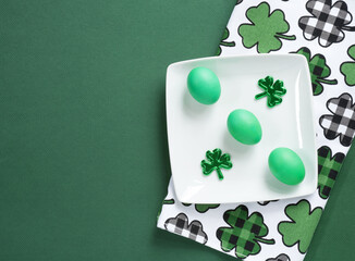 Three Green Eggs with Shamrocks on White and Green