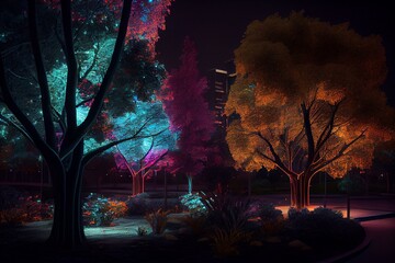 A city park at night with neon-lit trees and glowing flowers. Generative AI