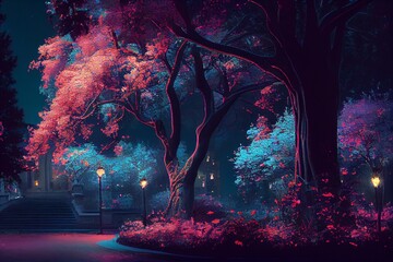 A city park at night with neon-lit trees and glowing flowers. Generative AI