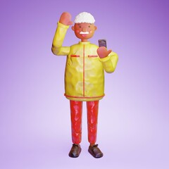 3D rendering in styled modeling clay man. Cute children's style. an illustration of an elderly man holding a phone and waving his hand.The concept of dating, tourism. In the cartoon style of clay 