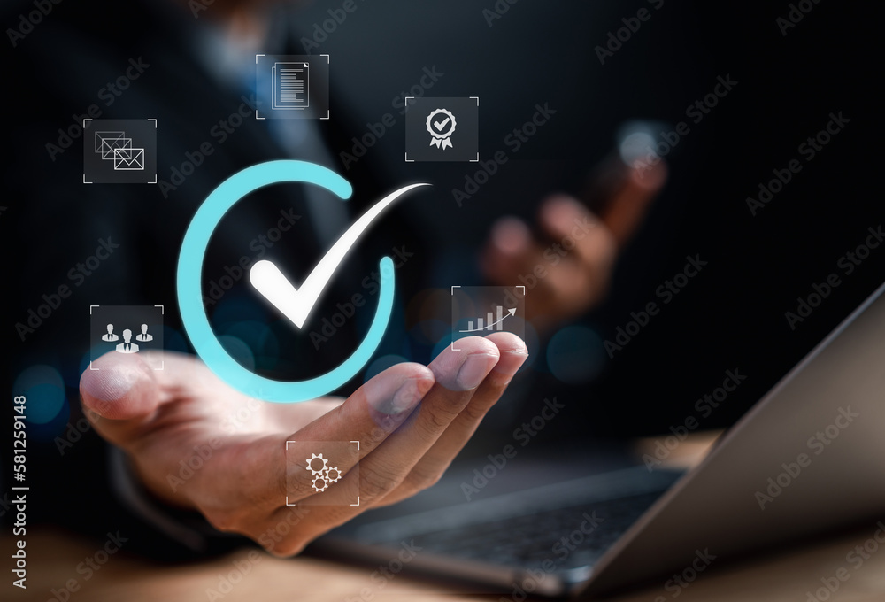 Aufkleber Quality management with Quality Assurance or QA and Quality Control or QC and improvement. Standardization, certification. Compliance to regulations service and standards.