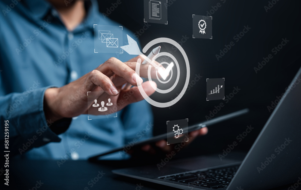 Aufkleber Quality management with Quality Assurance or QA and Quality Control or QC and improvement. Standardization, certification. Compliance to regulations service and standards.