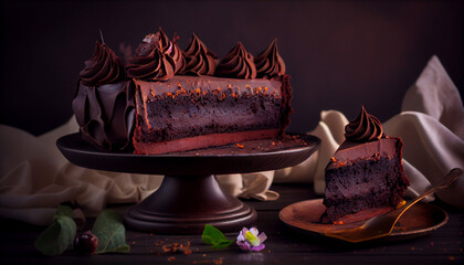 Beautiful chocolate cake on the table, front view