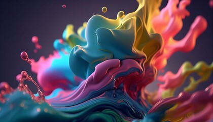 Background of waves and splashes of colorful paints colliding and undulating mixing. Created with AI generated tools.