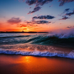 Fototapeta na wymiar Sunset wave splash summer background with generative ai