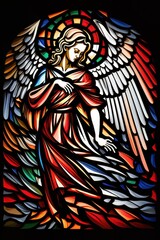 Fototapeta na wymiar Beautiful Digital Illustration of an Abstract Stained Glass Window, Colorful, with an Angel Design. Made in part with generative AI. 