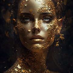Woman covered in Golden Flecks, Gold, Beautiful, Ethereal, made with generative AI