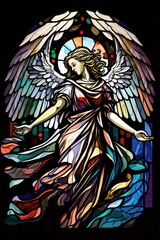 Beautiful Digital Illustration of an Abstract Stained Glass Window, Colorful, with an Angel Design. Made in part with generative AI.

