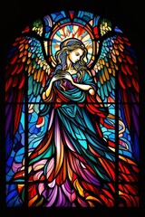 Beautiful Digital Illustration of an Abstract Stained Glass Window, Colorful, with an Angel Design. Made in part with generative AI.
 - obrazy, fototapety, plakaty