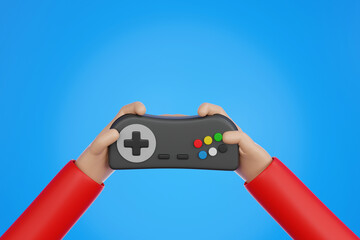 Hand holding wired retro game controller for gamer ready to play, 3D rendering. © pookpiik