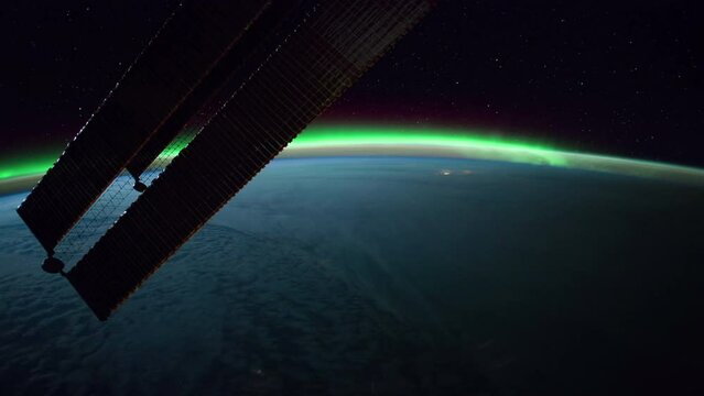 Aurora over The Atlantic Ocean at night , International Space Station
