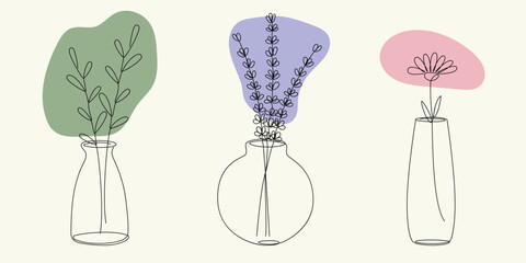 Set of vases with flowers and branches. Vector line art illustration