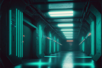 Neon, glowing, blue, green, cyber, retro, Sci fi, futuristic, Concrete, Glossy, Grunge, tunnel, underground, corridor, hallway, basement, hangar, showcase, showroom, made with Generative AI	