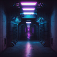 Neon, glowing, blue, purple, cyber, retro, Sci fi, futuristic, Concrete, Glossy, Grunge, tunnel, underground, corridor, hallway, basement, hangar, showcase, showroom, made with Generative AI	
