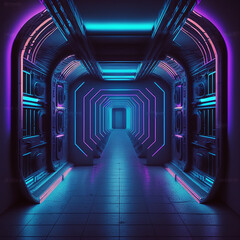 Neon, glowing, blue, purple, cyber, retro, Sci fi, futuristic, Concrete, Glossy, Grunge, tunnel, underground, corridor, hallway, basement, hangar, showcase, showroom, made with Generative AI	