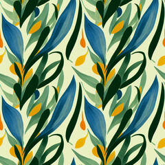 Beautiful hand painted gouache style various leafs seamless pattern design. Seamlessly tillable fresh background, perfect for various digital project and printed media like scrapbooking, packaging.