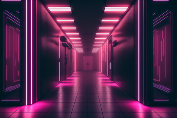 Neon, glowing, purple, pink, cyber, retro, Sci fi, futuristic, Concrete, Glossy, Grunge, tunnel, underground, corridor, hallway, basement, hangar, showcase, showroom, made with Generative AI
