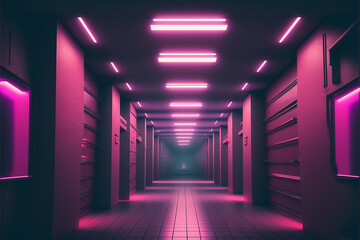 Fototapeta premium Neon, glowing, purple, pink, cyber, retro, Sci fi, futuristic, Concrete, Glossy, Grunge, tunnel, underground, corridor, hallway, basement, hangar, showcase, showroom, made with Generative AI