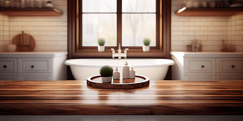 Fototapeta na wymiar Empty wooden table top for product display with blurred bathroom interior background. Minimalist and clean bathroom interior design with bathtub. Generative AI
