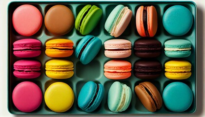A tray of colorful macarons in various flavors and colors Generative AI