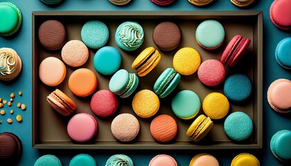 A tray of colorful macarons in various flavors and colors Generative AI