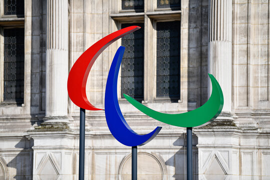 Logo illustration of Paralympics, for the next Paralympic Games (Paris 2024) at Hotel de Ville (City Hall), Paris, France, on September 6, 2021.