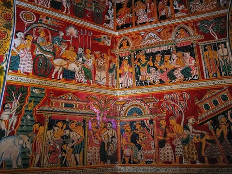 Kandyan-style murals in an old temple in Ahangama, southern Sri Lanka