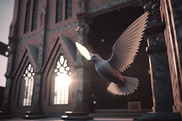 a dove of peace flying over a church