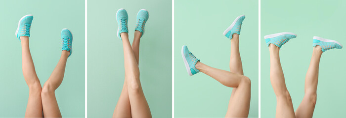 Collage of young woman's legs in stylish sports shoes on mint background