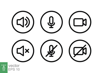 Speaker, Mic and Video Camera line icon set. Simple outline style for Video Conference, Webinar and Video chat. Microphone, audio, sound, mute, off concept. Vector illustration isolated. EPS 10.