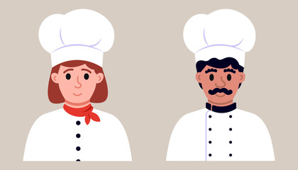 Portraits Of Restaurant Chiefs. Woman And Man Professional Vector Illustration In Flat Style
