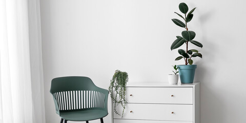 Modern chest of drawers with houseplants and chair near light wall in room