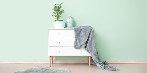 White chest of drawers with houseplant, vase and plaid near mint wall in room
