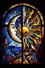 Beautiful Digital Illustration of an Abstract Stained Glass Window, Sun and Moon Design, Astronomical, Sky, Colorful. Made in part with generative AI.
