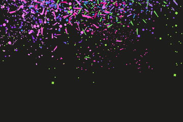 Confetti on black background. Bright explosion. Texture with colorful glitters. Pattern for work. Print for banners, posters and flyers. Doodle for design and business