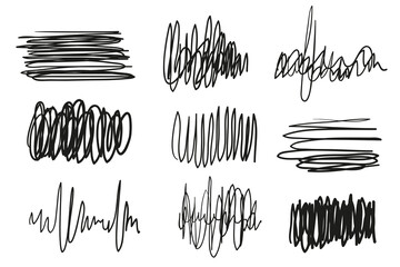 Hand drawn tangled shapes on white. Abstract backgrounds with array of lines. Stroke chaotic patterns. Black and white illustration. Sketchy elements for design