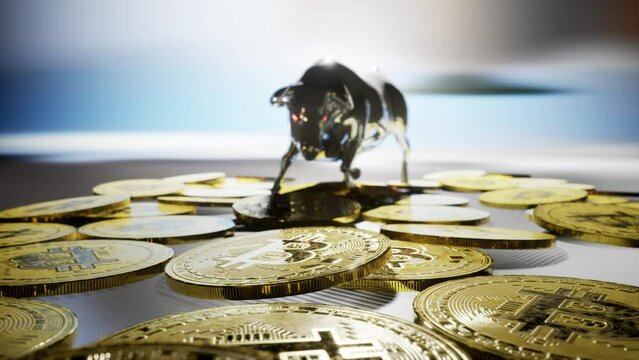 bitcoin on ground path way to the angry bull with red eyes 3d render animation